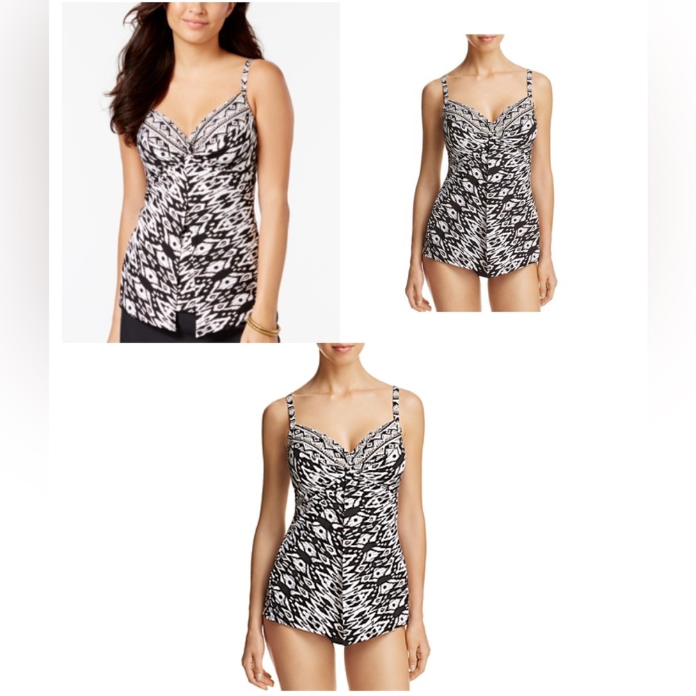 Miraclesuit Women One Piece Swimsuit 14 White Black Ikat Love Knot Tummy Control